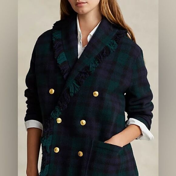 Polo Ralph Lauren Fringed Black Watch Tartan Plaid Double-Breasted Wool Cardigan - Picture 13 of 16